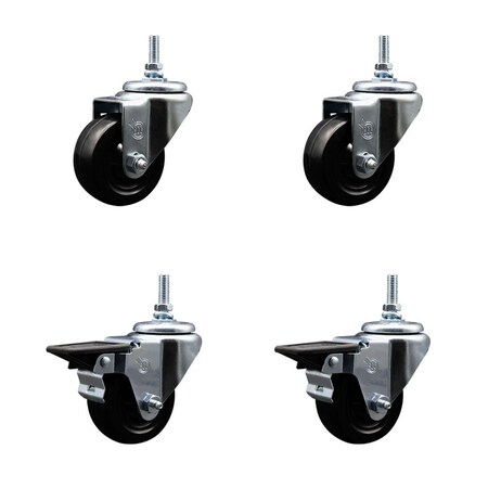 Service Caster 3 Inch Hard Rubber 12 MM Threaded Stem Caster Set 2 Brakes SCC SCC-TS20S314-HRS-M1215-2-PLB-2